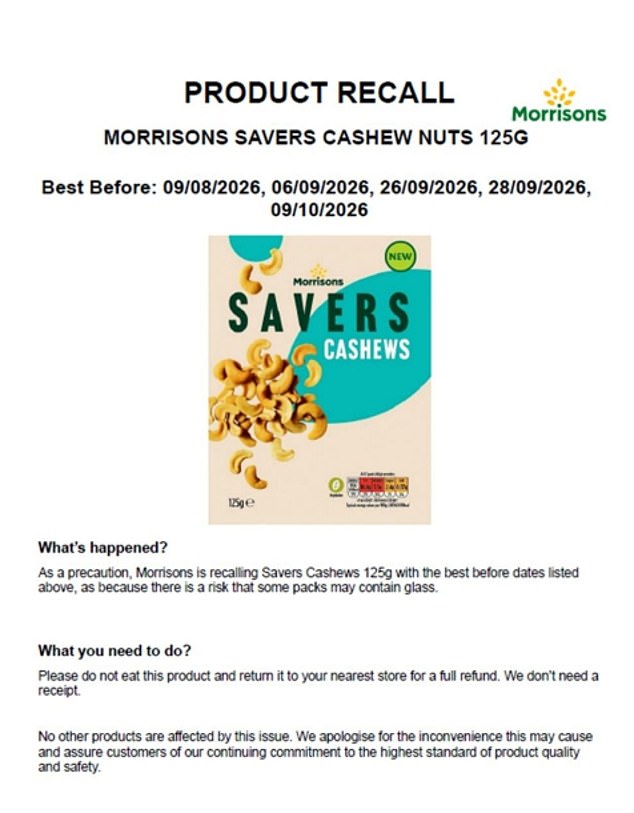 Morrisons recall cashews over glass shard contamination risk